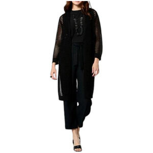 WynneLayers Open Weave Duster with Ribbed Trim Black - Regular